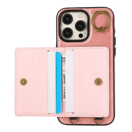 For iPhone 15 Pro Max PU Leather Back Case Card Holder Kickstand Phone Cover with Wrist Strap