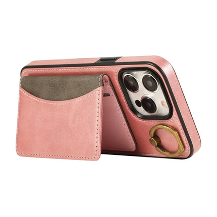 For iPhone 15 Pro Max PU Leather Back Case Card Holder Kickstand Phone Cover with Wrist Strap