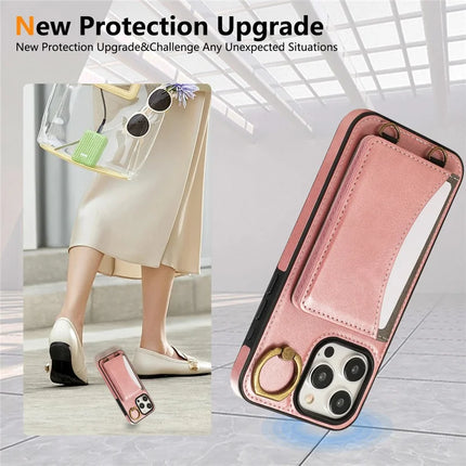 For iPhone 15 Pro Max PU Leather Back Case Card Holder Kickstand Phone Cover with Wrist Strap