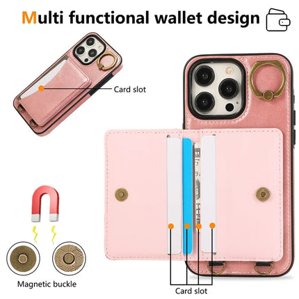 For iPhone 15 Pro Max PU Leather Back Case Card Holder Kickstand Phone Cover with Wrist Strap