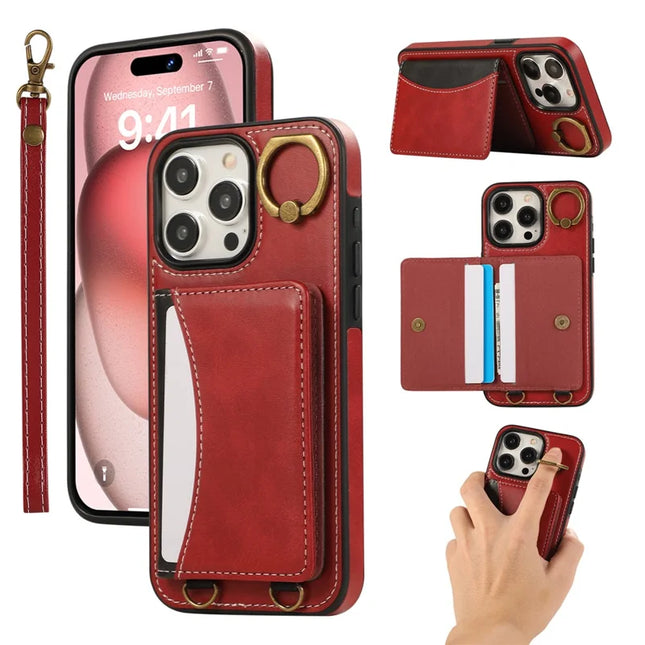 For iPhone 15 Pro Max PU Leather Back Case Card Holder Kickstand Phone Cover with Wrist Strap - Red