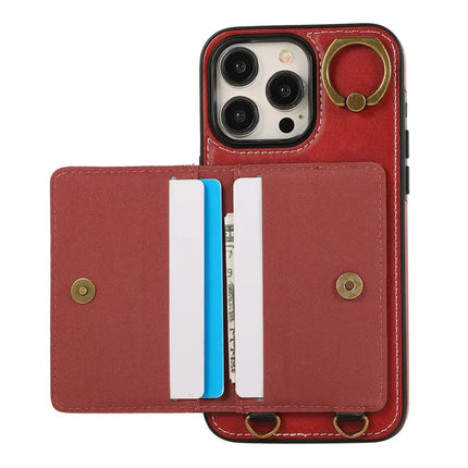 For iPhone 15 Pro Max PU Leather Back Case Card Holder Kickstand Phone Cover with Wrist Strap