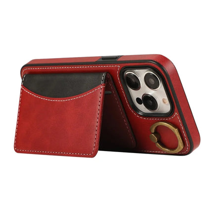 For iPhone 15 Pro Max PU Leather Back Case Card Holder Kickstand Phone Cover with Wrist Strap