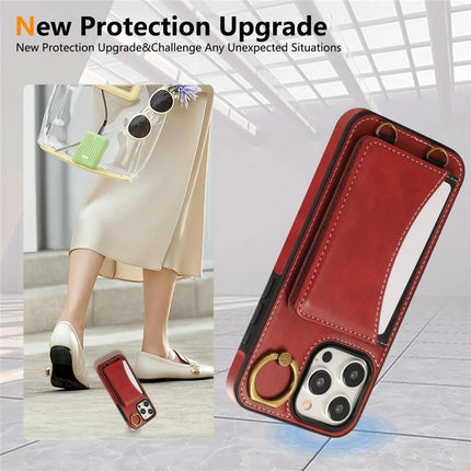 For iPhone 15 Pro Max PU Leather Back Case Card Holder Kickstand Phone Cover with Wrist Strap