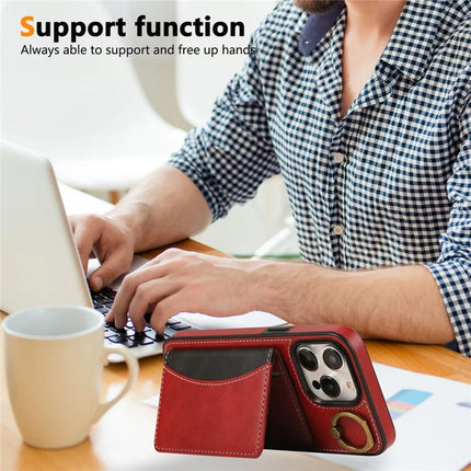 For iPhone 15 Pro Max PU Leather Back Case Card Holder Kickstand Phone Cover with Wrist Strap