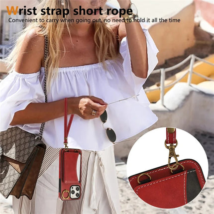 For iPhone 15 Pro Max PU Leather Back Case Card Holder Kickstand Phone Cover with Wrist Strap
