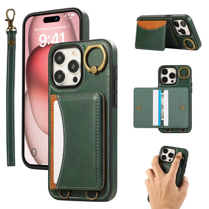 For iPhone 15 Pro Max PU Leather Back Case Card Holder Kickstand Phone Cover with Wrist Strap - Green