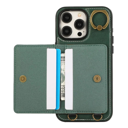For iPhone 15 Pro Max PU Leather Back Case Card Holder Kickstand Phone Cover with Wrist Strap