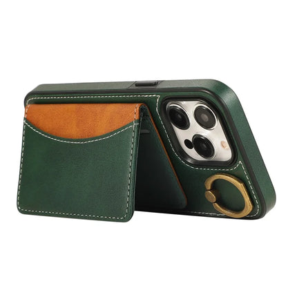 For iPhone 15 Pro Max PU Leather Back Case Card Holder Kickstand Phone Cover with Wrist Strap