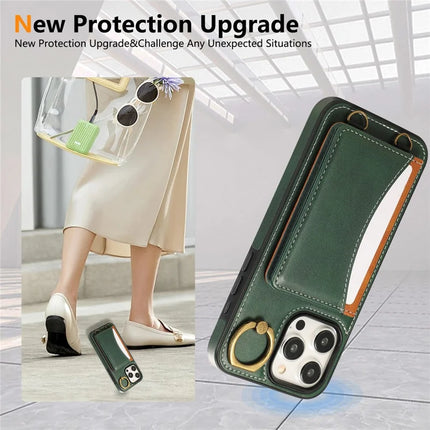 For iPhone 15 Pro Max PU Leather Back Case Card Holder Kickstand Phone Cover with Wrist Strap