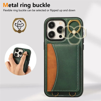 For iPhone 15 Pro Max PU Leather Back Case Card Holder Kickstand Phone Cover with Wrist Strap