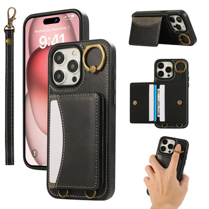 For iPhone 15 Pro Max PU Leather Back Case Card Holder Kickstand Phone Cover with Wrist Strap - Black