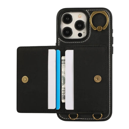 For iPhone 15 Pro Max PU Leather Back Case Card Holder Kickstand Phone Cover with Wrist Strap
