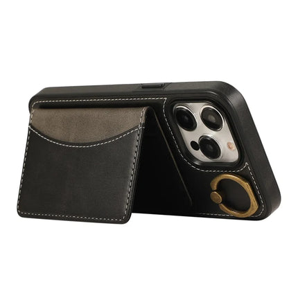 For iPhone 15 Pro Max PU Leather Back Case Card Holder Kickstand Phone Cover with Wrist Strap