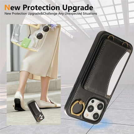 For iPhone 15 Pro Max PU Leather Back Case Card Holder Kickstand Phone Cover with Wrist Strap