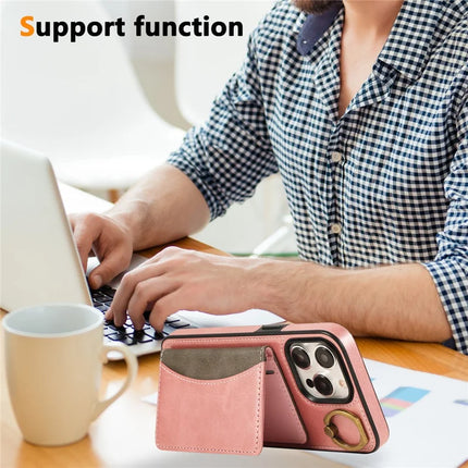 For iPhone 15 Pro Max PU Leather Back Case Card Holder Kickstand Phone Cover with Wrist Strap