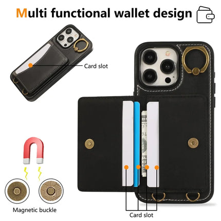 For iPhone 15 Pro Max PU Leather Back Case Card Holder Kickstand Phone Cover with Wrist Strap