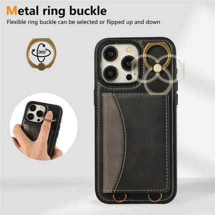 For iPhone 15 Pro Max PU Leather Back Case Card Holder Kickstand Phone Cover with Wrist Strap