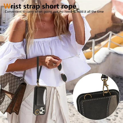 For iPhone 15 Pro Max PU Leather Back Case Card Holder Kickstand Phone Cover with Wrist Strap