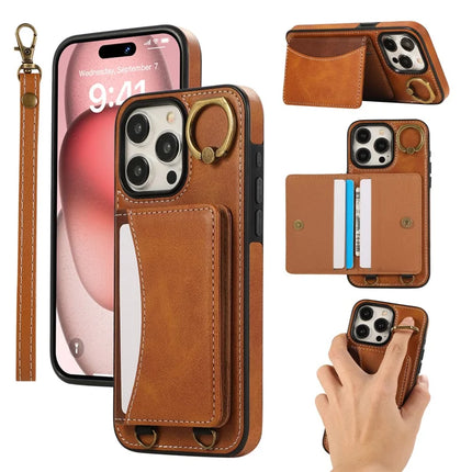 For iPhone 15 Pro Max PU Leather Back Case Card Holder Kickstand Phone Cover with Wrist Strap - Brown