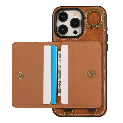 For iPhone 15 Pro Max PU Leather Back Case Card Holder Kickstand Phone Cover with Wrist Strap
