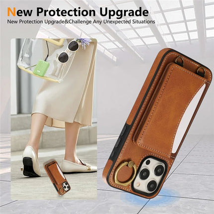 For iPhone 15 Pro Max PU Leather Back Case Card Holder Kickstand Phone Cover with Wrist Strap