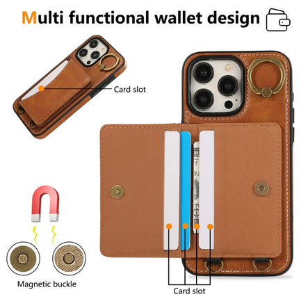 For iPhone 15 Pro Max PU Leather Back Case Card Holder Kickstand Phone Cover with Wrist Strap