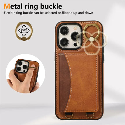 For iPhone 15 Pro Max PU Leather Back Case Card Holder Kickstand Phone Cover with Wrist Strap