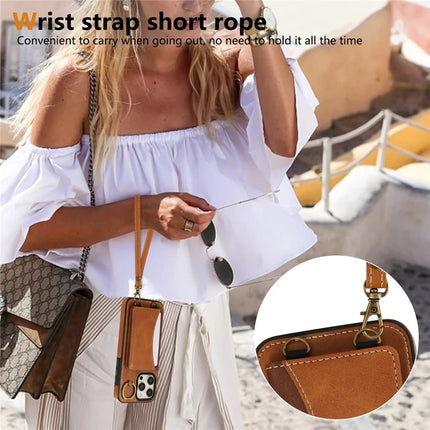 For iPhone 15 Pro Max PU Leather Back Case Card Holder Kickstand Phone Cover with Wrist Strap