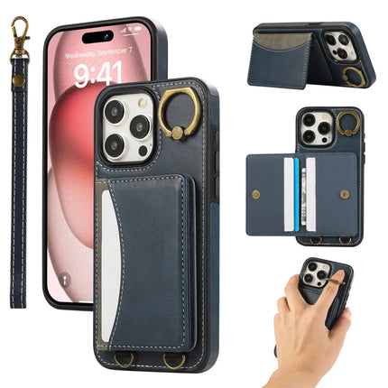 For iPhone 15 Pro Max PU Leather Back Case Card Holder Kickstand Phone Cover with Wrist Strap - Blue