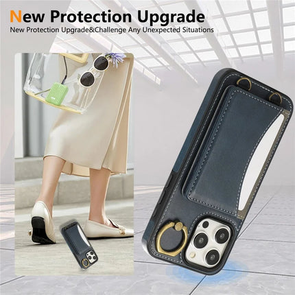 For iPhone 15 Pro Max PU Leather Back Case Card Holder Kickstand Phone Cover with Wrist Strap