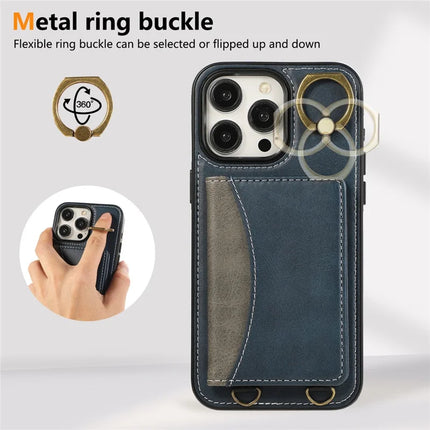 For iPhone 15 Pro Max PU Leather Back Case Card Holder Kickstand Phone Cover with Wrist Strap