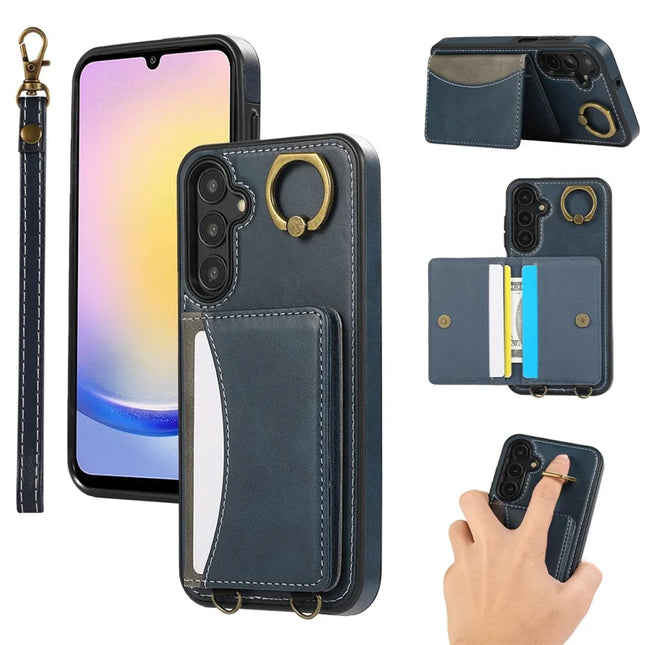 For Samsung Galaxy A05s 4G PU Leather Back Case Card Holder Kickstand Phone Cover with Wrist Strap - Blue