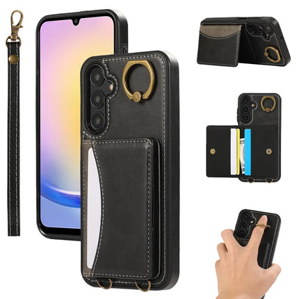 For Samsung Galaxy A05s 4G PU Leather Back Case Card Holder Kickstand Phone Cover with Wrist Strap - Black