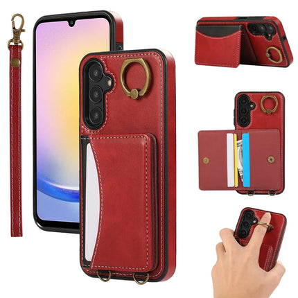 For Samsung Galaxy A05s 4G PU Leather Back Case Card Holder Kickstand Phone Cover with Wrist Strap - Red