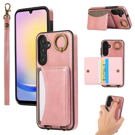 For Samsung Galaxy A05s 4G PU Leather Back Case Card Holder Kickstand Phone Cover with Wrist Strap - Pink