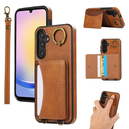 For Samsung Galaxy A05s 4G PU Leather Back Case Card Holder Kickstand Phone Cover with Wrist Strap - Brown