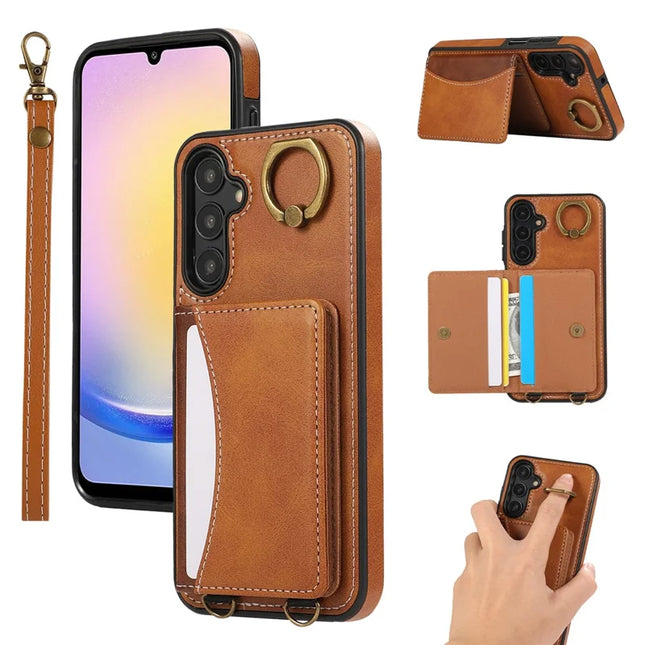 For Samsung Galaxy A15 4G  /  A15 5G PU Leather Back Case Card Holder Kickstand Phone Cover with Wrist Strap - Brown