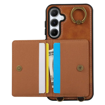 For Samsung Galaxy A35 5G PU Leather Back Case Card Holder Kickstand Phone Cover with Wrist Strap