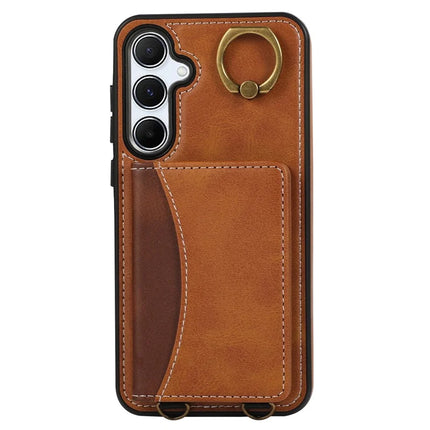 For Samsung Galaxy A35 5G PU Leather Back Case Card Holder Kickstand Phone Cover with Wrist Strap