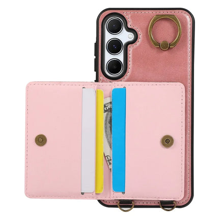 For Samsung Galaxy A35 5G PU Leather Back Case Card Holder Kickstand Phone Cover with Wrist Strap