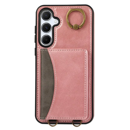 For Samsung Galaxy A35 5G PU Leather Back Case Card Holder Kickstand Phone Cover with Wrist Strap