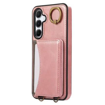 For Samsung Galaxy A35 5G PU Leather Back Case Card Holder Kickstand Phone Cover with Wrist Strap