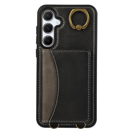 For Samsung Galaxy A35 5G PU Leather Back Case Card Holder Kickstand Phone Cover with Wrist Strap