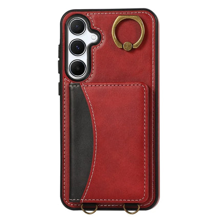 For Samsung Galaxy A35 5G PU Leather Back Case Card Holder Kickstand Phone Cover with Wrist Strap