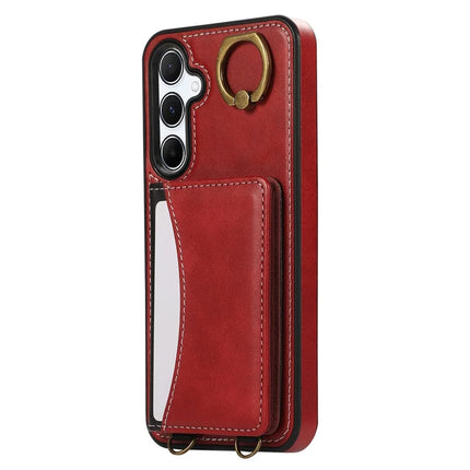For Samsung Galaxy A35 5G PU Leather Back Case Card Holder Kickstand Phone Cover with Wrist Strap