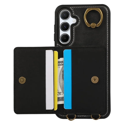 For Samsung Galaxy A55 5G PU Leather Back Case Card Holder Kickstand Phone Cover with Wrist Strap