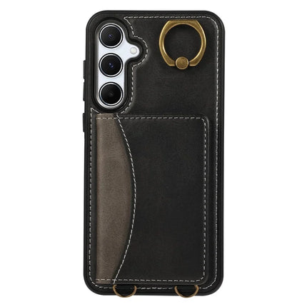 For Samsung Galaxy A55 5G PU Leather Back Case Card Holder Kickstand Phone Cover with Wrist Strap