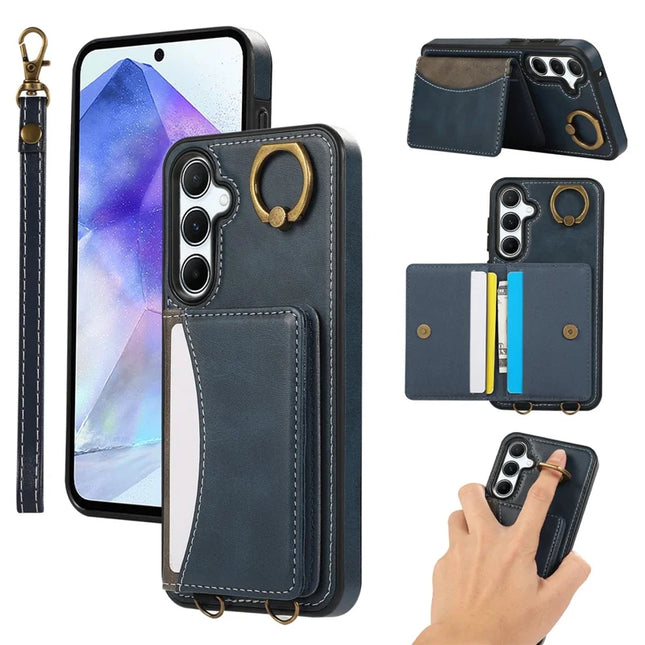 For Samsung Galaxy A55 5G PU Leather Back Case Card Holder Kickstand Phone Cover with Wrist Strap - Blue