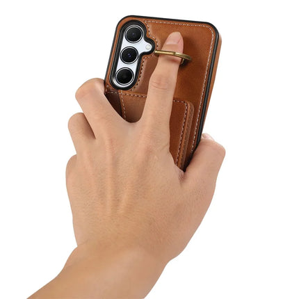 For Samsung Galaxy A55 5G PU Leather Back Case Card Holder Kickstand Phone Cover with Wrist Strap